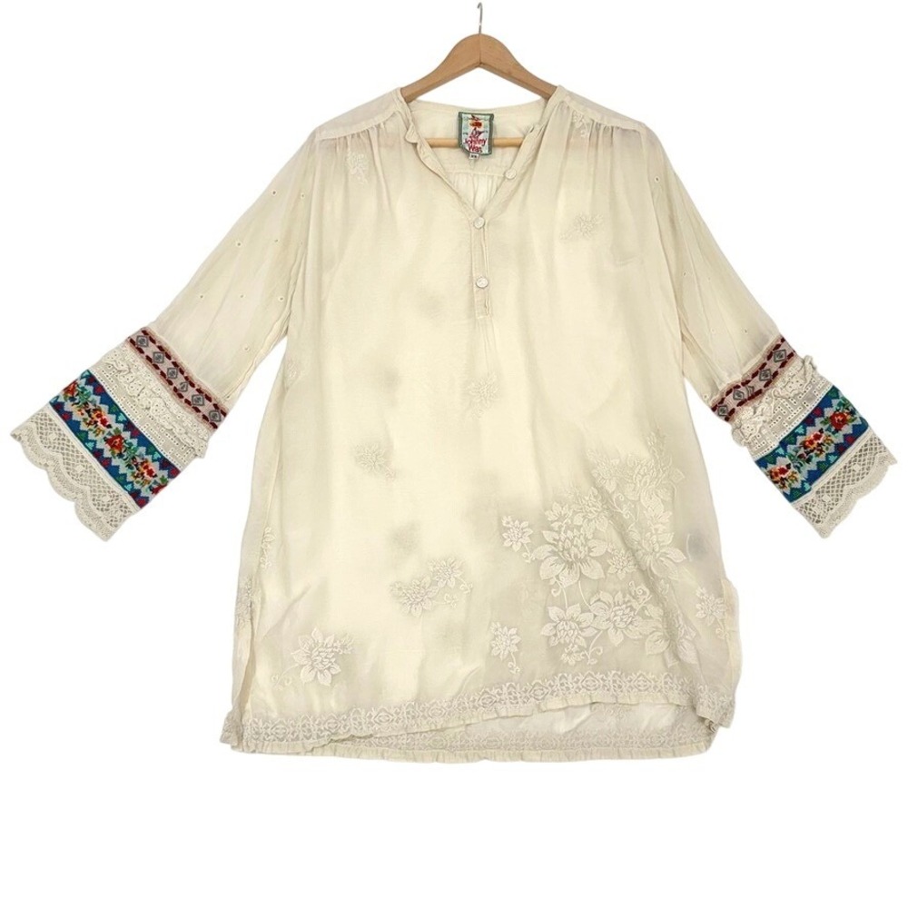 JOHNNY‎ WAS Embroidered Tunic Top Cream Cupra Vegan Silk Boho Desert Revival XS